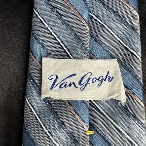 Vintage Van Gogh Blue Striped Necktie 80s 90s Pin Striped - Picture 5 of 16